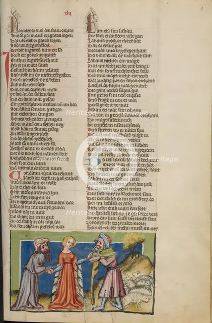 Jacob Choosing Rachel as his Wife; Weltchronik, about 1400-1410. Creator: Unknown.