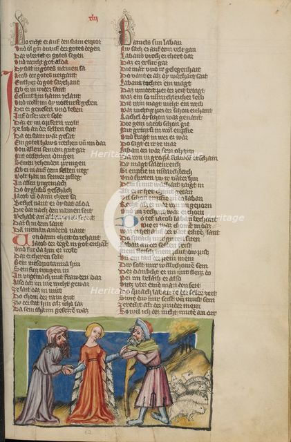 Jacob Choosing Rachel as his Wife; Weltchronik, about 1400-1410. Creator: Unknown.