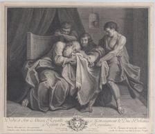 Jacob crying into his son's robe while his other sons pull it away from him, 1724. Creator: François de Poilly