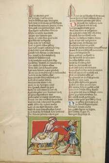 Jacob Obtaining Esau's Birthright; Weltchronik, about 1400-1410. Creator: Unknown