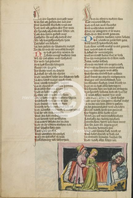 Jacob Receiving Leah as his Wife; Weltchronik, about 1400-1410. Creator: Unknown.