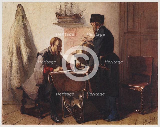 Jacob van Heemskerk and Willem Barendsz. plan their trip to the Arctic in 1594. Artist: Bisschop, Christoffel (1828-1904)