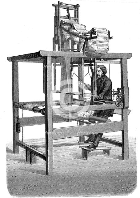Jacquard loom, with swags of punched cards from which pattern was woven, 1876. Artist: Unknown