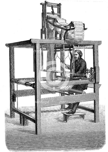 Jacquard loom, with swags of punched cards from which pattern was woven, 1876. Artist: Unknown