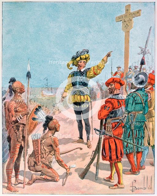 Jacques Cartier takes possession of the Bay of Gaspe, Canada, 1534 (1900). Artist: L Geisleh