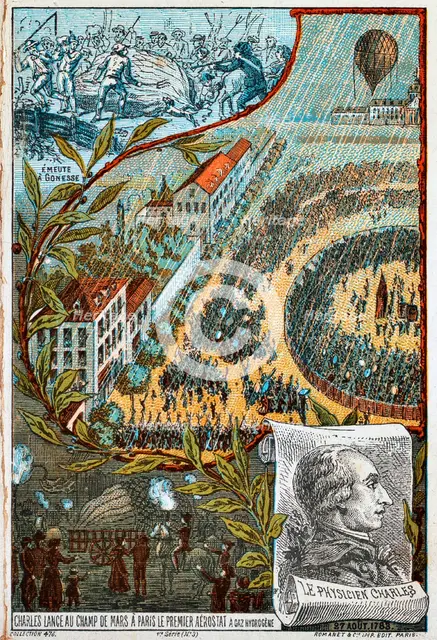 Jacques Charles launches his first aerostat from the Champ de Mars, Paris, 1783 (1890s).  Artist: Anon