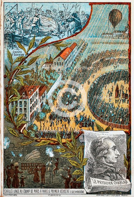 Jacques Charles launches his first aerostat from the Champ de Mars, Paris, 1783 (1890s).  Artist: Anon