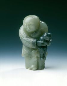 Jade chubby boy holding a black cat, early Ming dynasty or earlier, China, c1300-1550