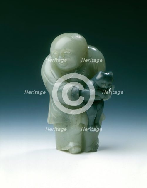 Jade chubby boy holding a black cat, early Ming dynasty or earlier, China, c1300-1550. Artist: Unknown
