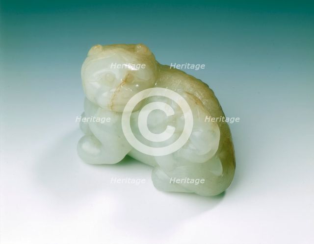 Jade feline with cub, Ming dynasty, China, 1368-1644. Creator: Unknown.