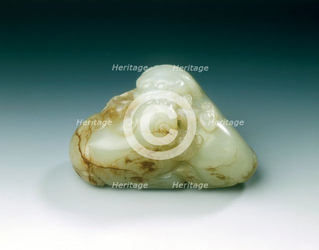 Jade group of two lion dogs with lingzhi spray, Ming dynasty, China, 1368-1644. Creator: Unknown.