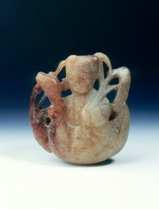 Jade group of a boy holding a frond and riding a goose, Song or Yuan dynasty, China, 1200-1400. Creator: Unknown