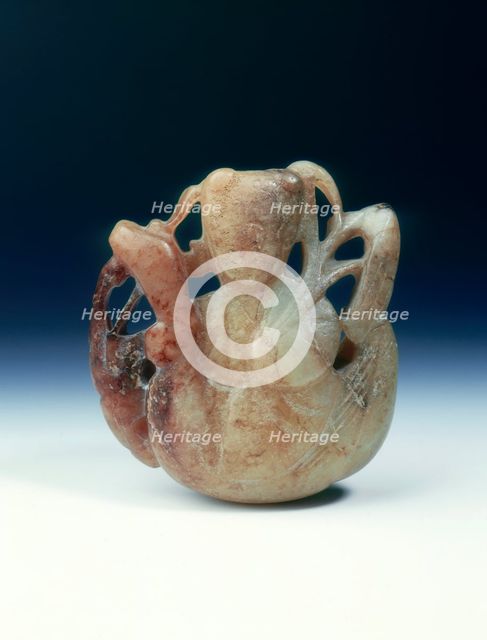 Jade group of a boy holding a frond and riding a goose, Song or Yuan dynasty, China, 1200-1400. Creator: Unknown.