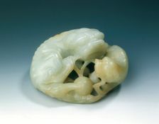 Jade group of lion dog, cub and brocade ball, Ming dynasty, China, 1368-1644. Creator: Unknown