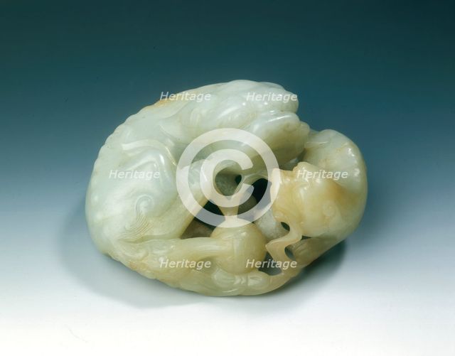 Jade group of lion dog, cub and brocade ball, Ming dynasty, China, 1368-1644. Creator: Unknown.