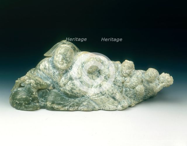 Jade group of sage, wine pot, deer and children, Yuan-early Ming dynasty, 13th-15th century. Artist: Unknown