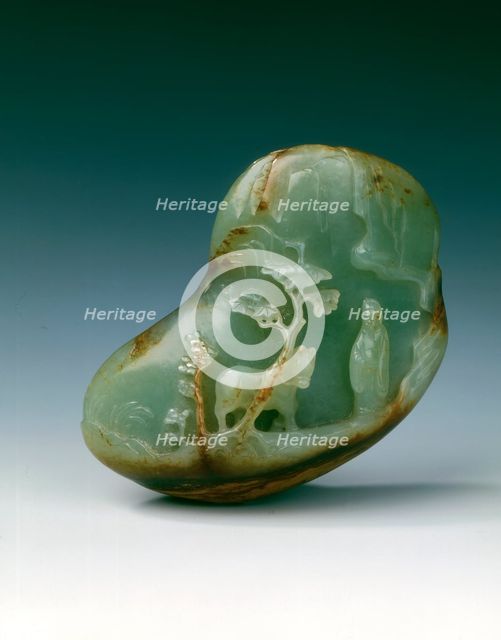 Jade landscape pebble of tethered horse and scholar, early Qing dynasty, China, late 17th century. Artist: Unknown