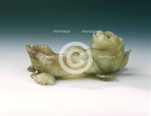 Jade lotus brushwasher with frog, duck and snail, late Ming dynasty, China, 1550-1644. Artist: Unknown