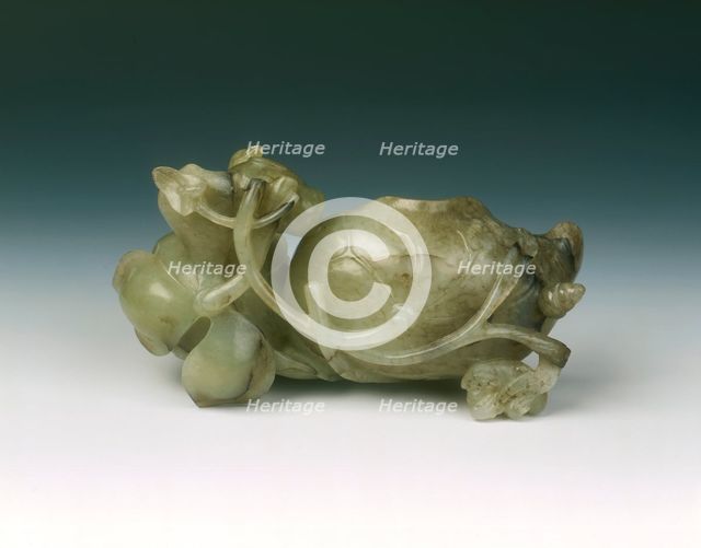 Jade lotus brushwasher with frog, duck and snail, late Ming dynasty, China, 1550-1644. Artist: Unknown