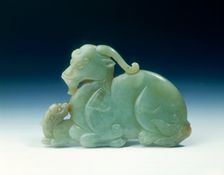 Jade mythical animal and young plaque, Yuan or early Ming dynasty, China, 14th-15th century