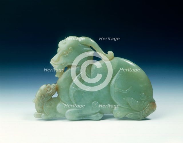 Jade mythical animal and young plaque, Yuan or early Ming dynasty, China, 14th-15th century. Artist: Unknown