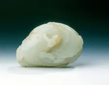 Jade of two catfish with lingzhi on a bed of waves, Qing dynasty, China, 18th century. Creator: Unknown