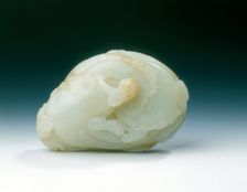 Jade of two catfish with lingzhi on a bed of waves, Qing dynasty, China, 18th century. Creator: Unknown