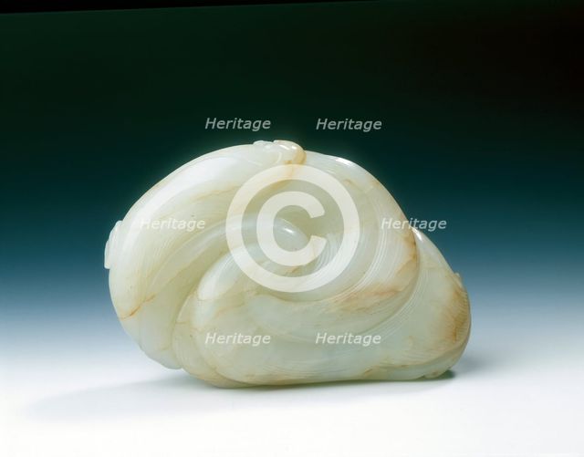 Jade of two catfish with lingzhi on a bed of waves, Qing dynasty, China, 18th century. Creator: Unknown.
