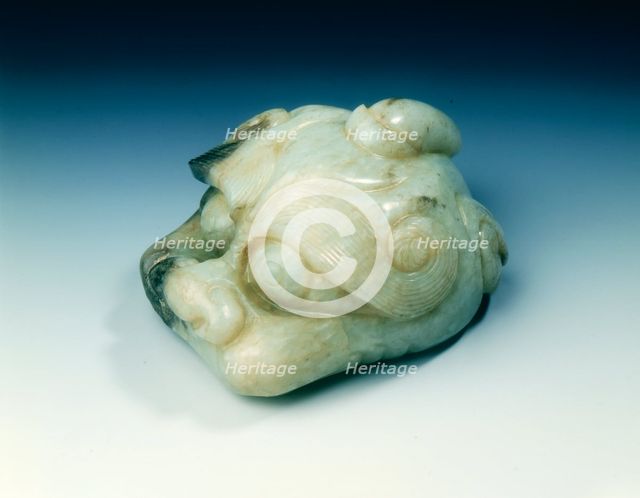 Jade one-horned monster head scroll weight, Yuan or Ming dynasty, China, 13th-16th century. Artist: Unknown