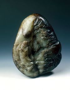 Jade pebble with Bodhidharma crossing a mountain stream, Qing dynasty, China, 1662-1772. Creator: Unknown