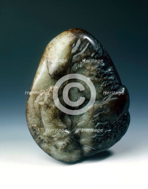 Jade pebble with Bodhidharma crossing a mountain stream, Qing dynasty, China, 1662-1772. Creator: Unknown.