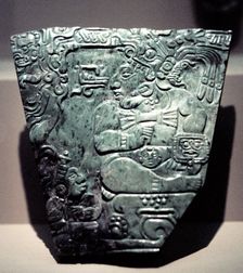 Jade plaque showing a seated Mayan king, 400-800