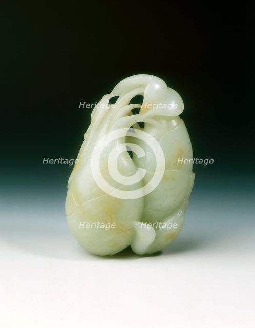 Jade rebus of two arrowroot and a magpie, Qing dynasty, China, 18th century. Creator: Unknown.