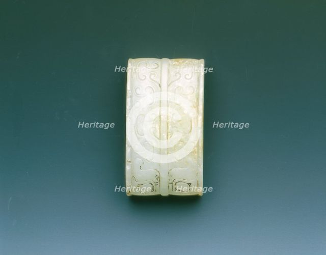 Jade sword scabbard fitting with taotie, Western Han dynasty, China, 206 BC-8. Creator: Unknown.