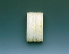 Jade sword scabbard fitting with taotie, Western Han dynasty, China, 206 BC-8. Creator: Unknown