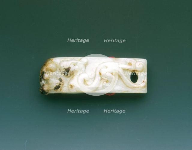 Jade sword scabbard slide with kui dragons, Western Han dynasty, China, 206 BC-8. Artist: Unknown
