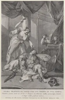 Jael hammering a tent peg into the temple of the sleeping Sisera, to the right a se..., ca. 1730-39. Creator: Pietro Monaco
