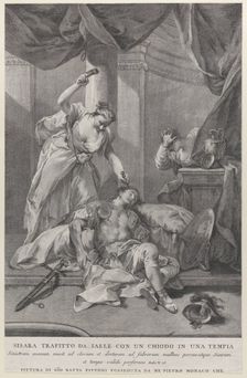 Jael hammering a tent peg into the temple of the sleeping Sisera, to the right a se..., ca. 1730-39. Creator: Pietro Monaco