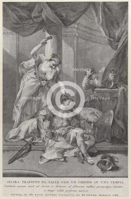 Jael hammering a tent peg into the temple of the sleeping Sisera, to the right a se..., ca. 1730-39. Creator: Pietro Monaco.