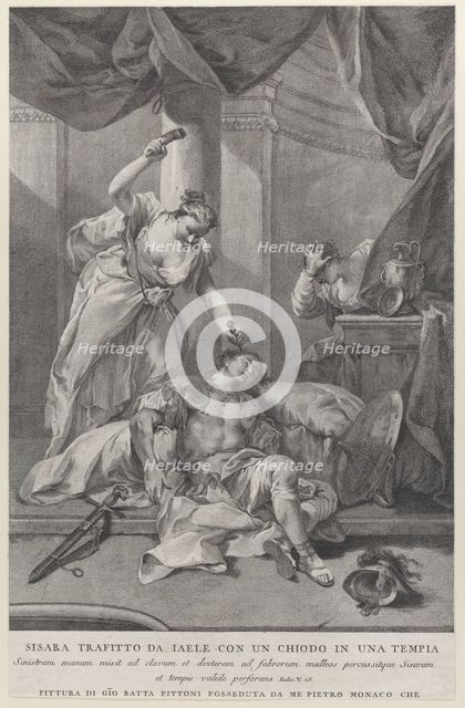 Jael hammering a tent peg into the temple of the sleeping Sisera, to the right a se..., ca. 1730-39. Creator: Pietro Monaco.