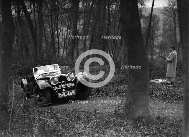 Jaguar SS100 at the Standard Car Owners Club Southern Counties Trial, Hale Wood, Chilterns, 1938. Artist: Bill Brunell.