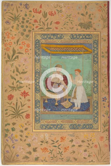 Jahangir and His Vizier, I'timad al-Daula, Folio from the Shah Jahan Album, recto: ca. 1615. Creator: Manohar.