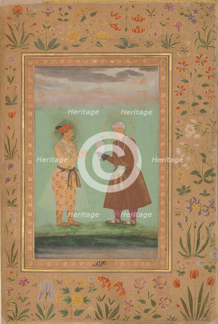 Jahangir and his Father, Akbar, Folio from the Shah Jahan Album, verso: ca. 1630 Creator: Balchand.