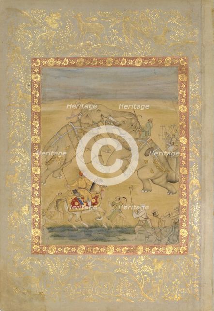 Jahangir Watching an Elephant Fight, ca. 1605. Creator: Farrukh Chela.