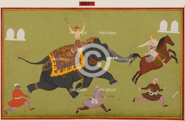 Jai Singh’s elephant Pakhrao, gone amuck and catches a horse by the tail, c. 1680. Creator: Unknown.