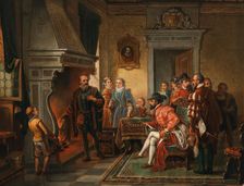 Jakob Fugger Burning His Numerous Promissory Notes before the Eyes of Emperor Charles V, 1868. Creator: Tominz, Augusto (1818-1883)