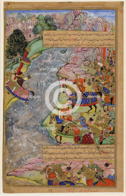 Jalal al-Din Khwarazm-Shah crossing the rapid Indus river, escaping Chinggis Khan and his army, 1597 Artist: Dharm Das (active c. 1577-1607)