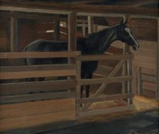 Jallu the black horse in his stall, 1929. Creator: Alexander Paischeff