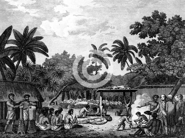 James Cook, English navigator, witnessing human sacrifice in Taihiti (Otaheite) c1773 (1815). Artist: Unknown