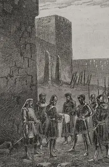 James and Charles of Anjou agreeing a truce next the walls of Gaeta, 1289 (1890). Creator: Unknown